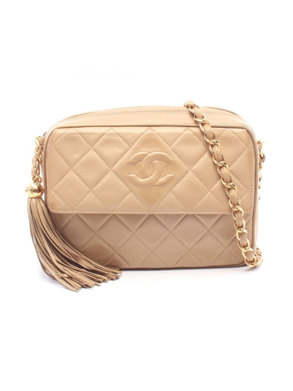 Chanel Shoulder Bag Quilted CC Logo Tassel Beige Lambskin Fringe Chain